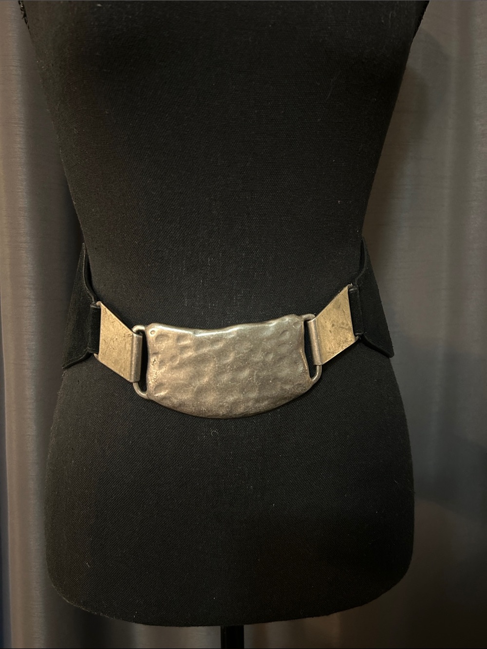 Arden B Black Elastic Belt with Hammered Bronze-Tone Plate